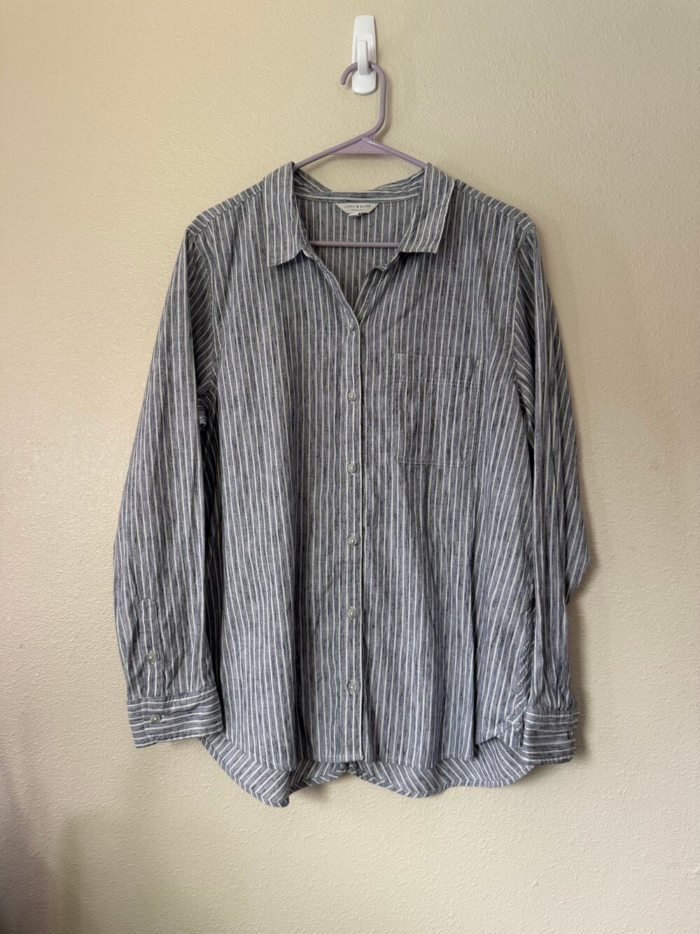 Lucky Brand Womens Shirt Small Blue White Stripe Chambray Button Up Size XL